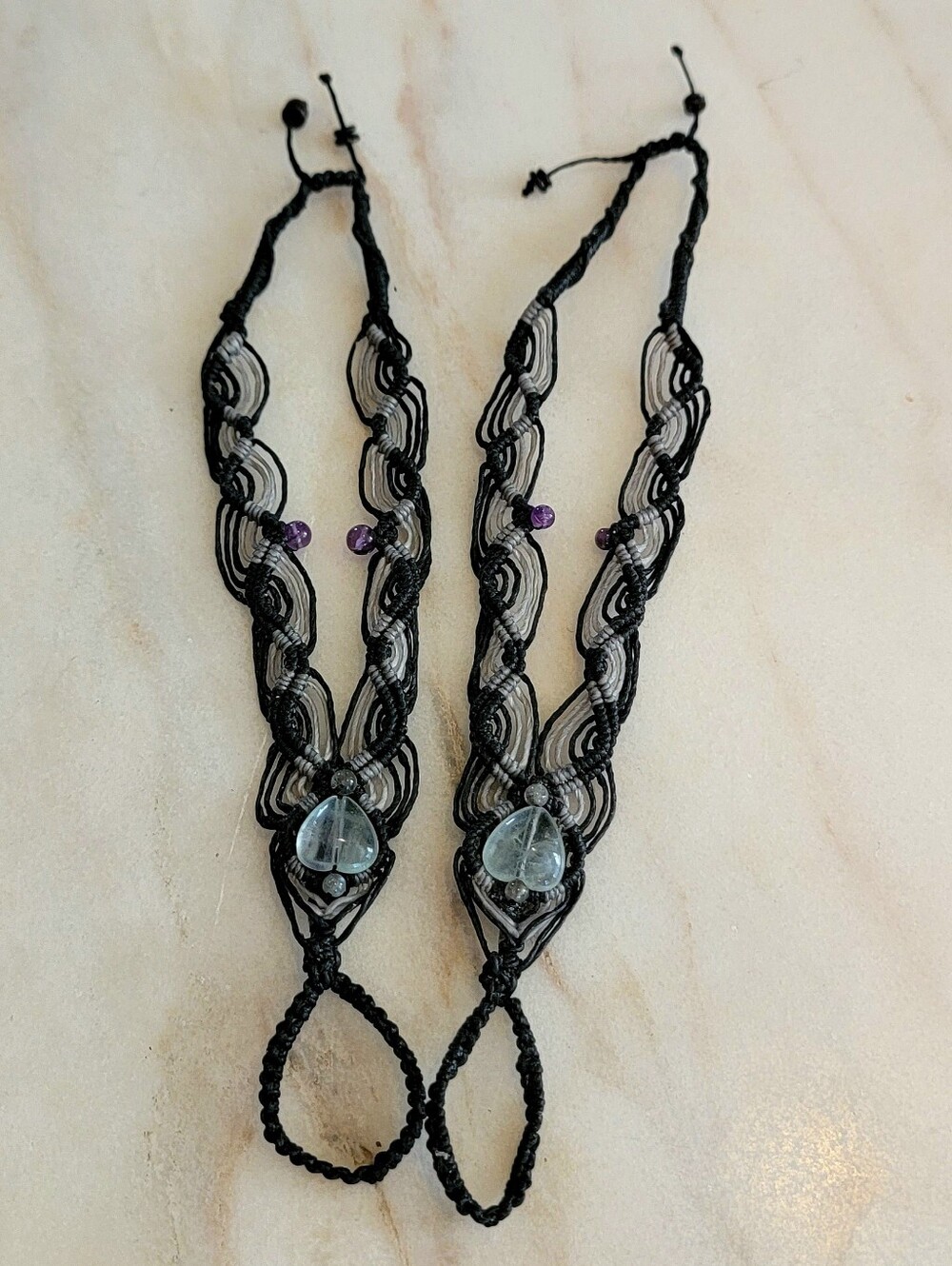 Handmade Macramé Barefoot Sandals – Prehnite Heart Cabochon, Black & Tuape